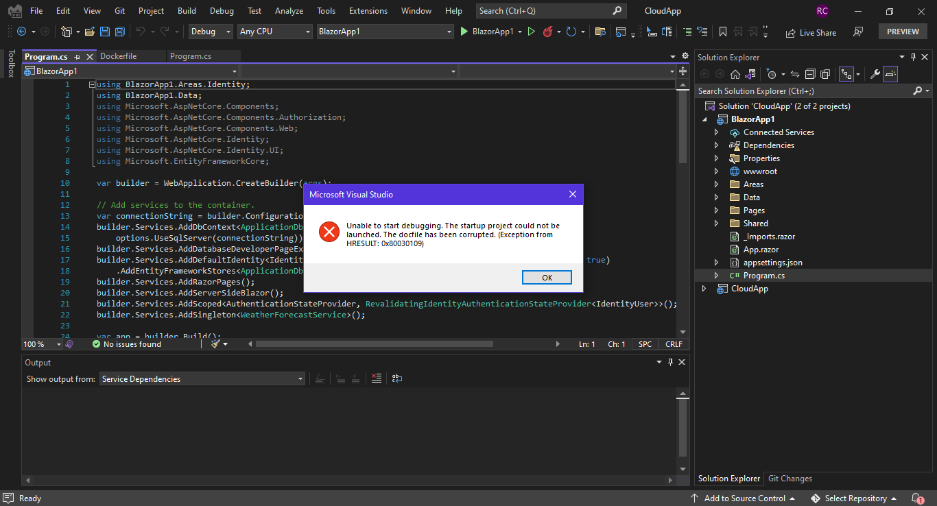 This error shows up when I try to debug the project