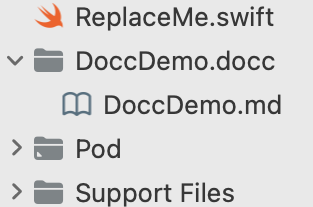 Xcode directory list with "DoccDemo.docc" folder displaying standard folder icon.