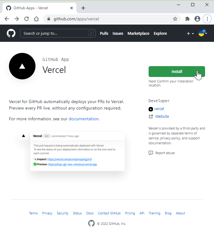 Install the Vercel app at GitHub, step 1.