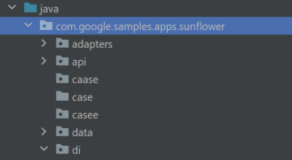 Screenshot from Android Studio showing package folders and only the folder case does not have a dot on the icon