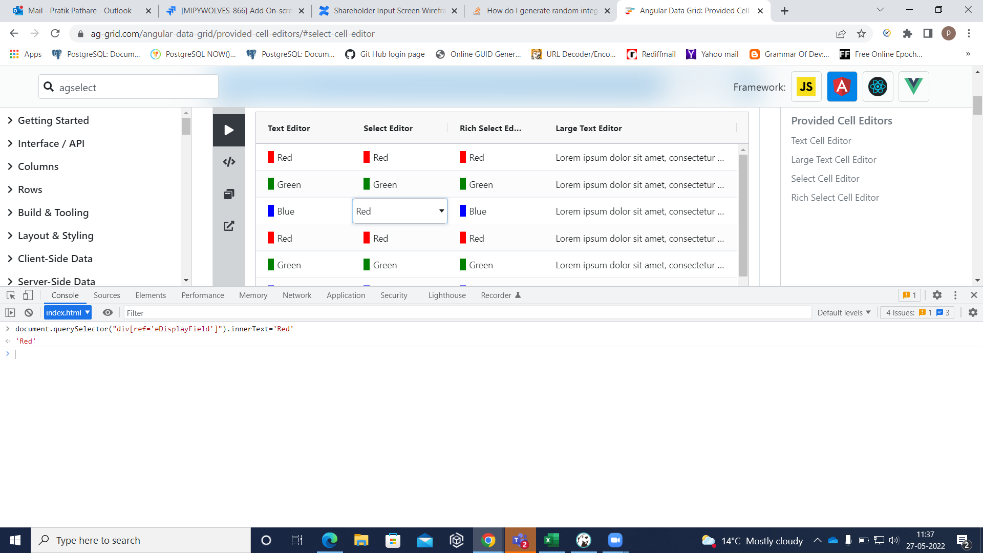 ag grid drop down