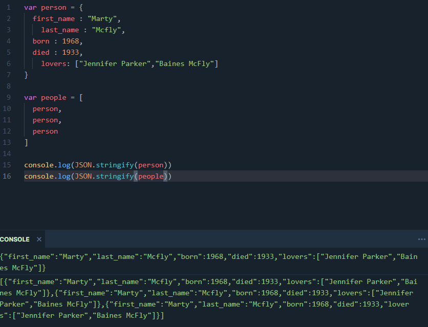 Example of stringify on an object with data