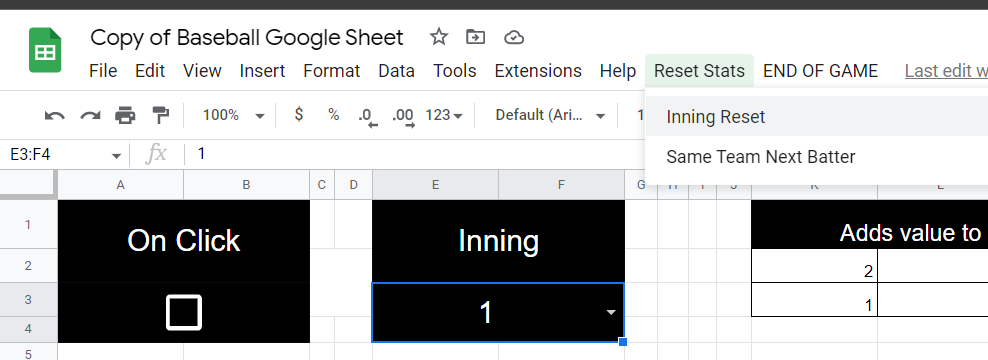 Selection Made "Inning Reset"