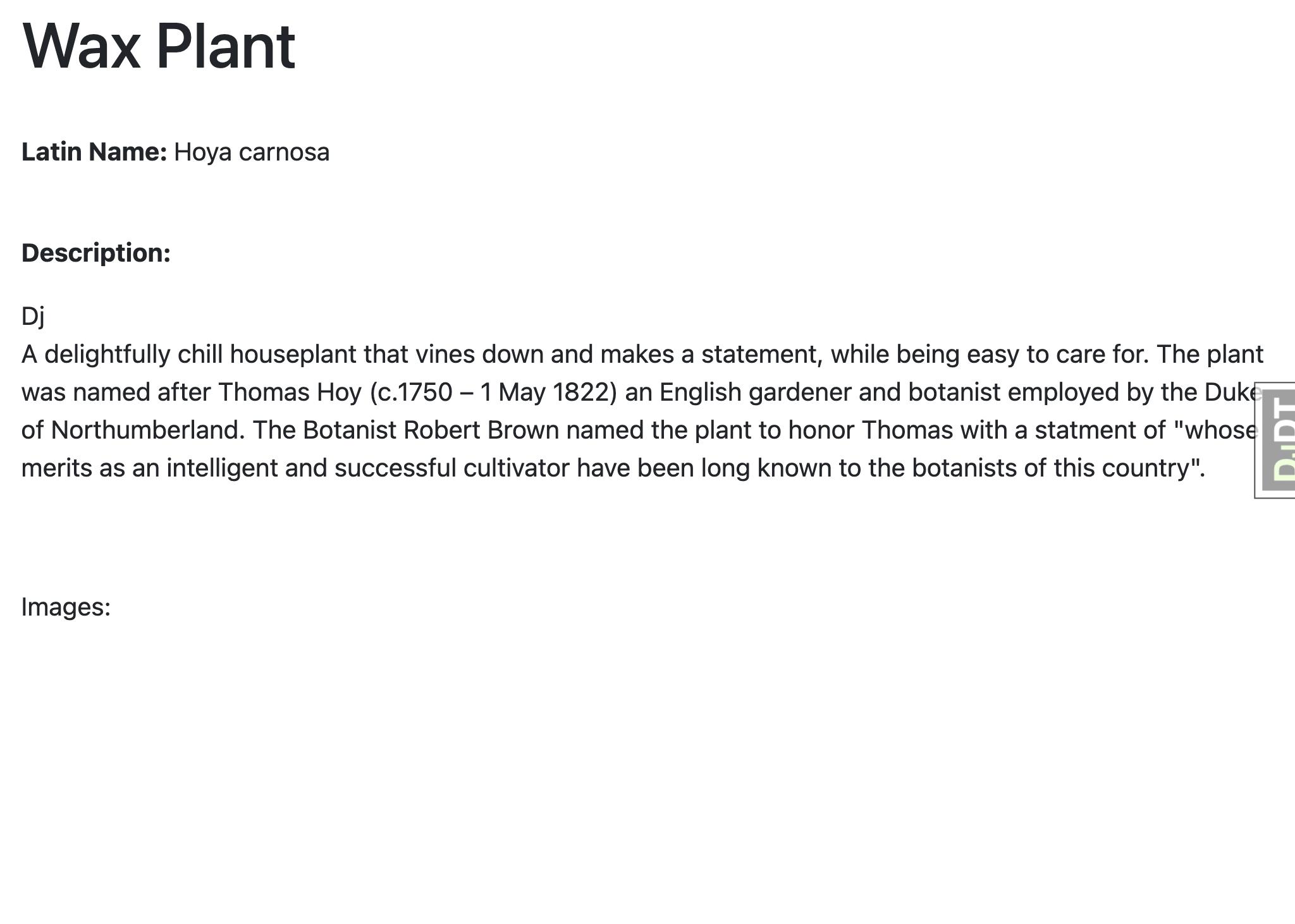 Screenshot of the template page no showing the plant