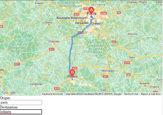 screenshot of map with route on it