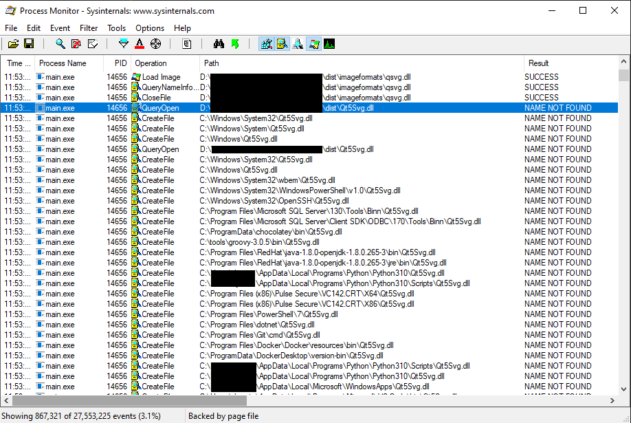 Sample usage of procmon.exe, which shows the missing Qt5Svg.dll file