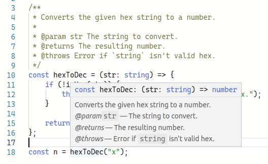 IDE showing the JSDoc annotations for the function in a popup