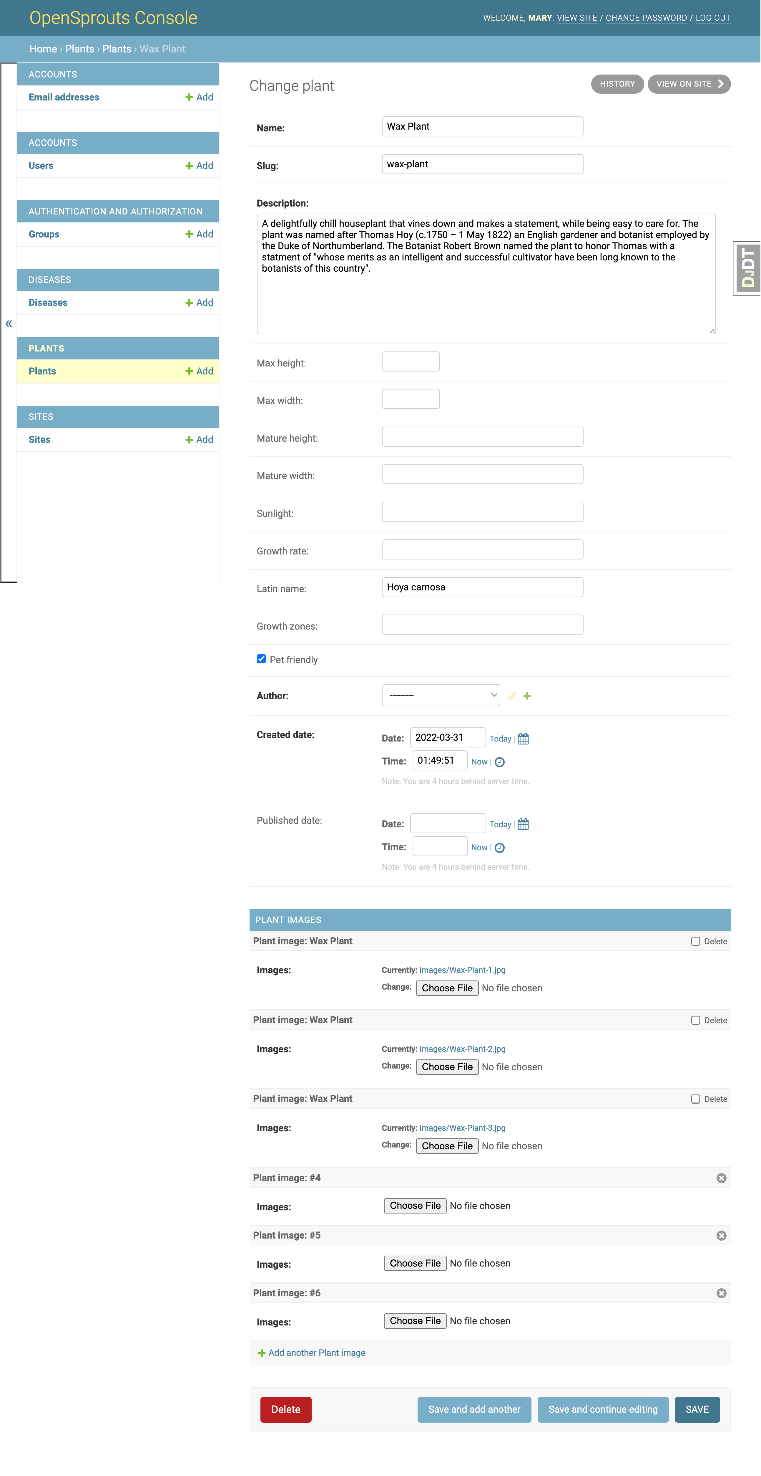 Screenshot of the admin view for the combined model