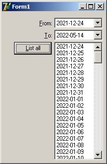 DateTimePickers and Listbox to iterate all dates per day