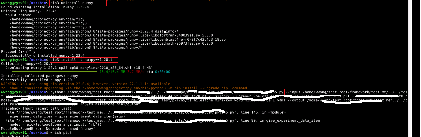 pip install -U numpy and command line