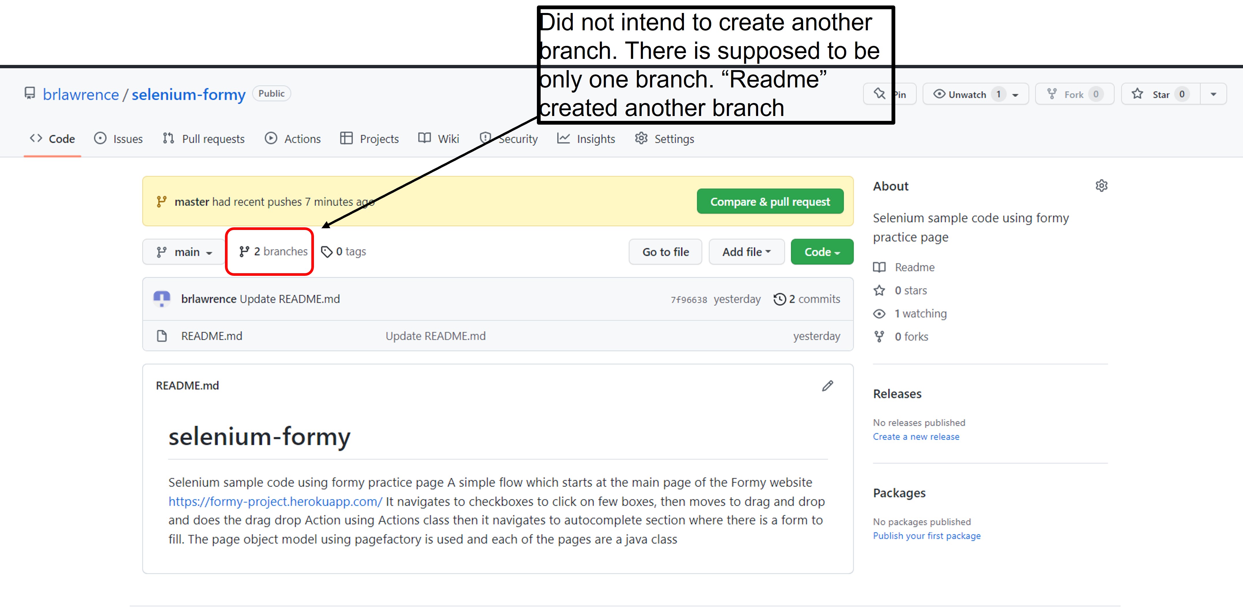 Screen1 - showing separate branch with just the readme file