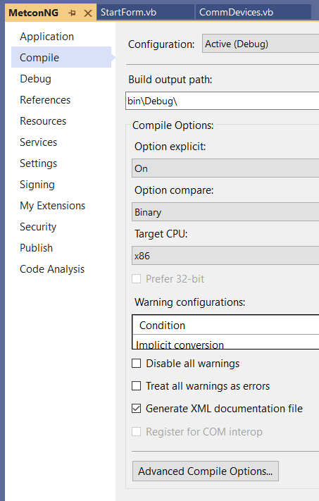 Solution Properties, Compile tab