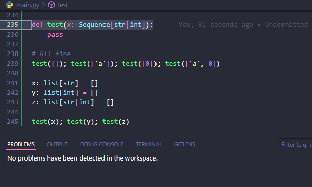 No errors displayed when parameter x of function test is declared to be Containerstr|int