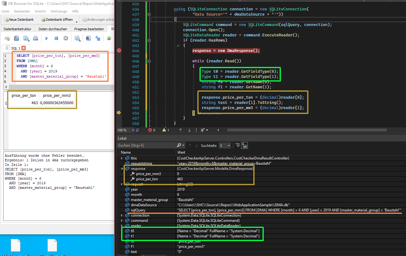 Screenshot Comparison DB Browser / VS Debug