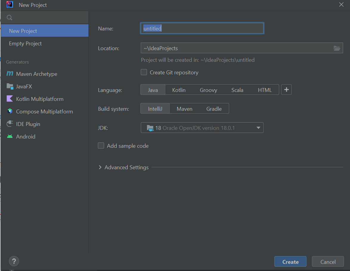 Screenshot of the new project window on intellij