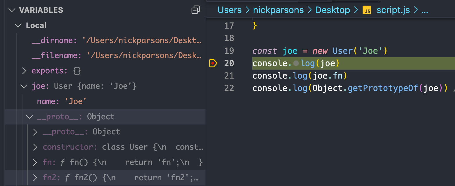 Image of VSCode debugger menu showing the joe object expanded on the left local variables panel showing the prototype methods, fn and fn2