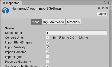 Image of the Unity Inspector window, showing model import settings with tabs named "Model," "Rig," "Animation," and "Materials."