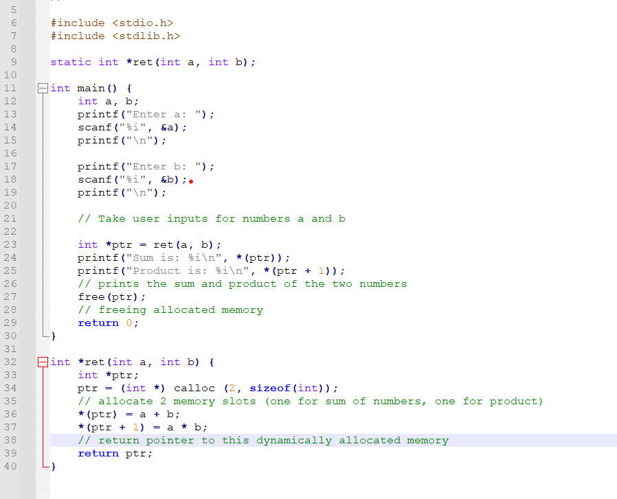 Image of code where I attempt to free memory in the main function (free(ptr))