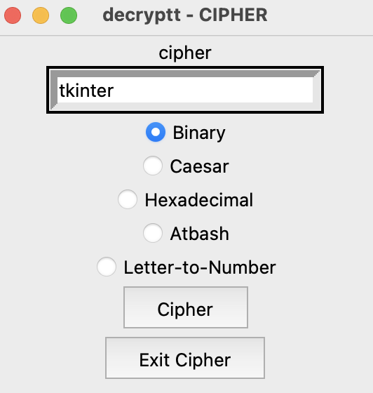 Image of the window where you can enter the word or phrase you want to cipher and choice from the cipher types listed