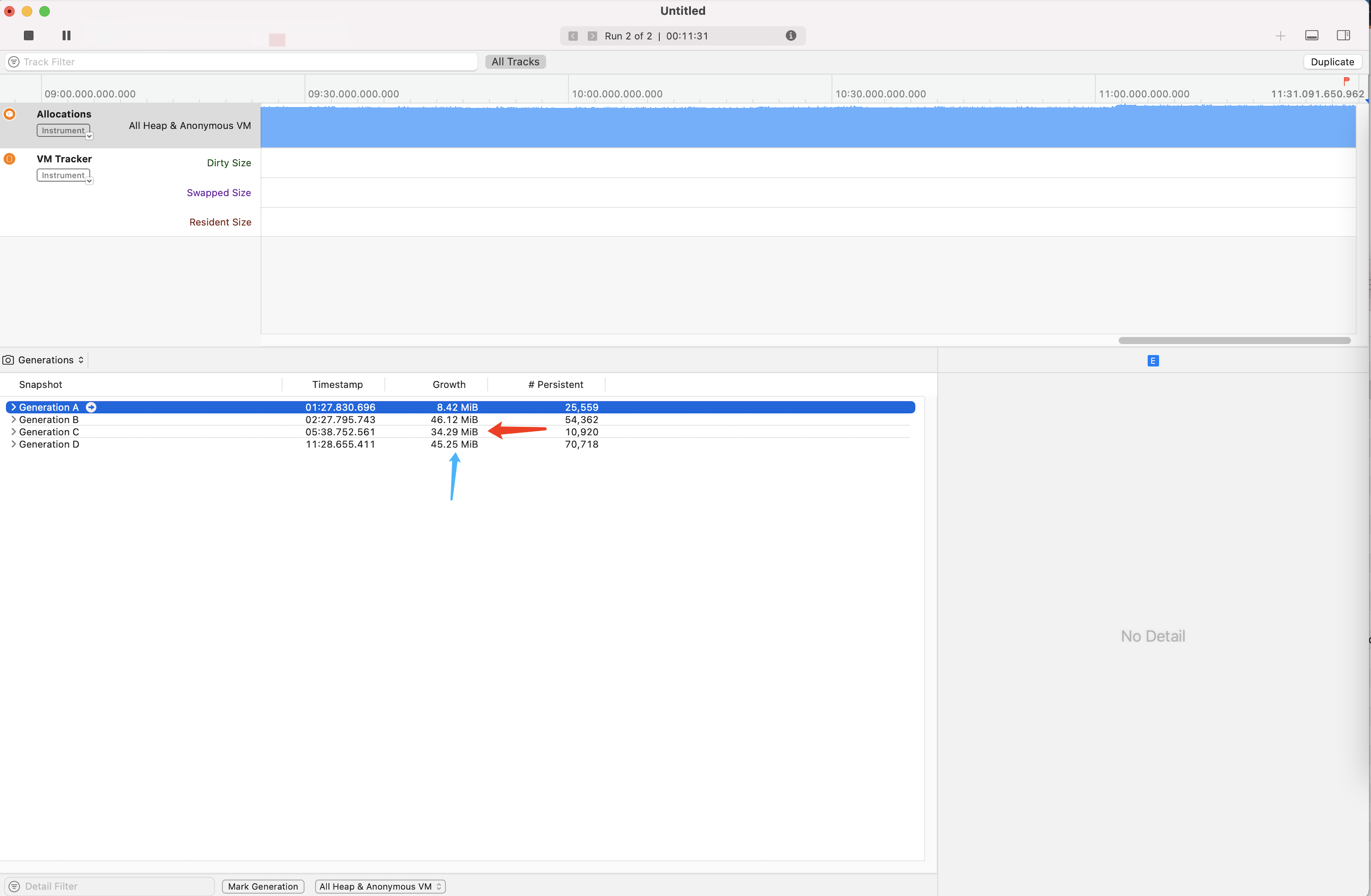 Generation D: Initial memory growth is 45MB. Generation C: Drop to 34MB