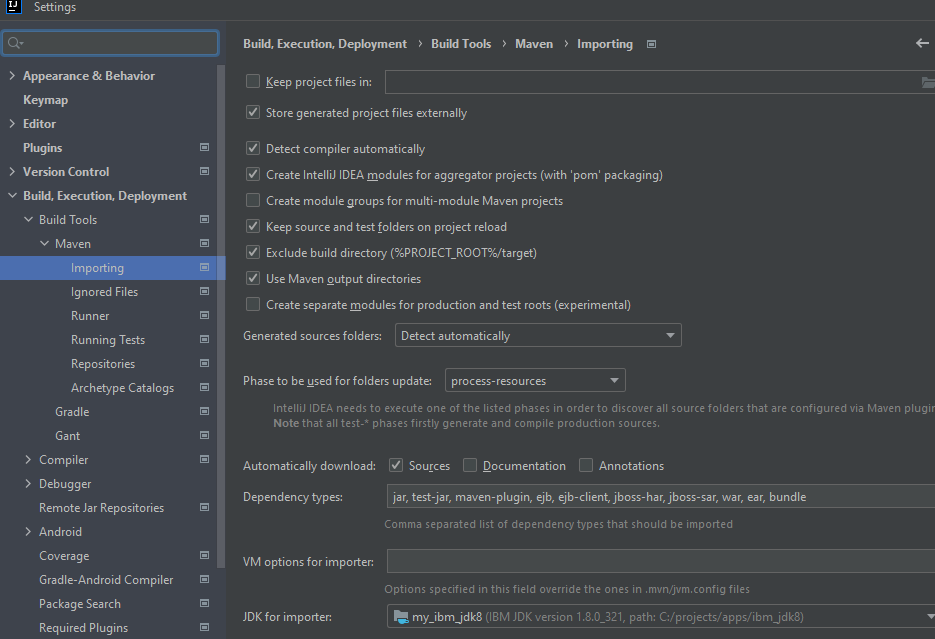 maven import using custom jdk