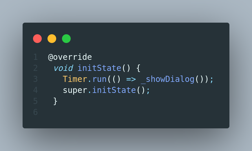 calling _showDialog method in initState method in order to show the dialog at the start of the screen