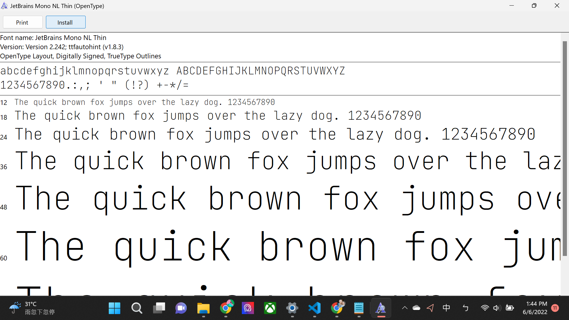 Clicked a font file called JetBrains Mono Thin