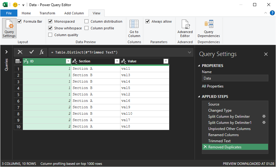 Screenshot illustrating PowerQuery solution