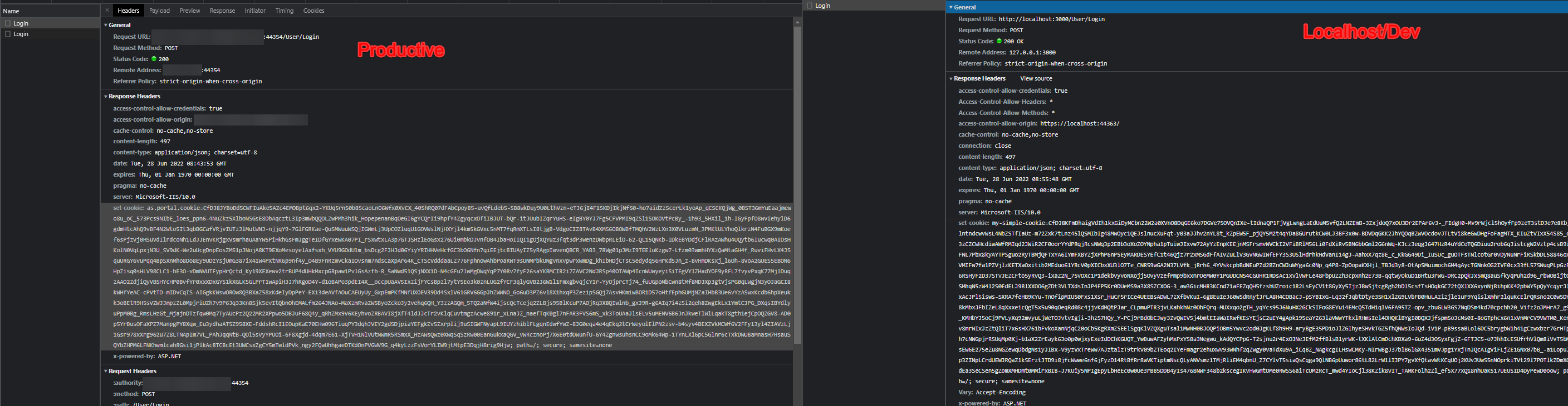 This images shows that on productive and development the cookie is send by the api