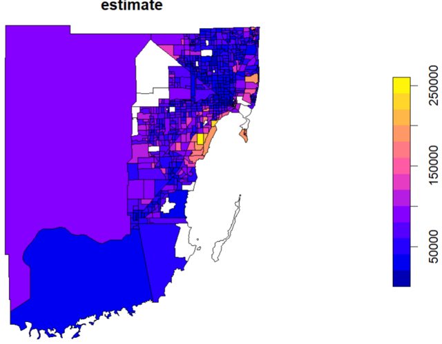 Miami Median Income in choropleth using tidycensus R package