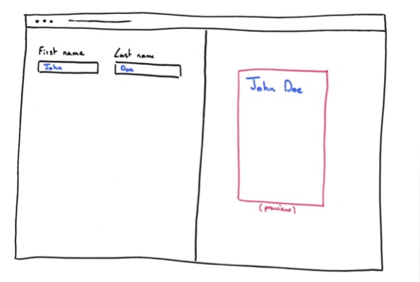 Typical document-editing interface. It's made of two vertical panels. The left panel contains various text fields. The right panel shows a preview of the document. The preview content reflects the values of the fields.