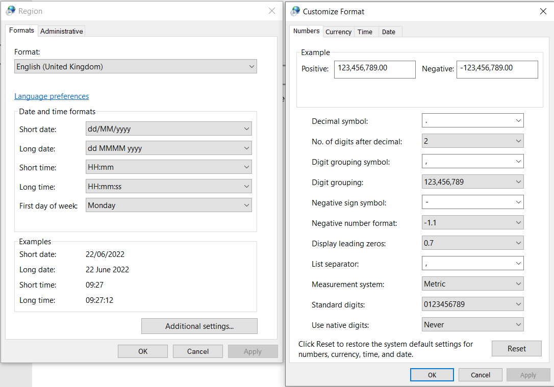 Windows regional settings, number formatting