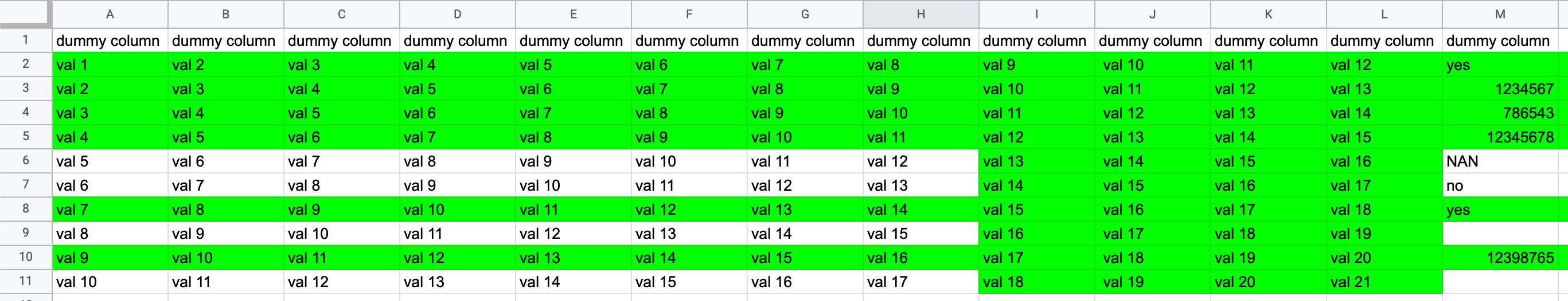 source sheet, where green marked rows are to be copied to a new spreadsheet based on the value of column M