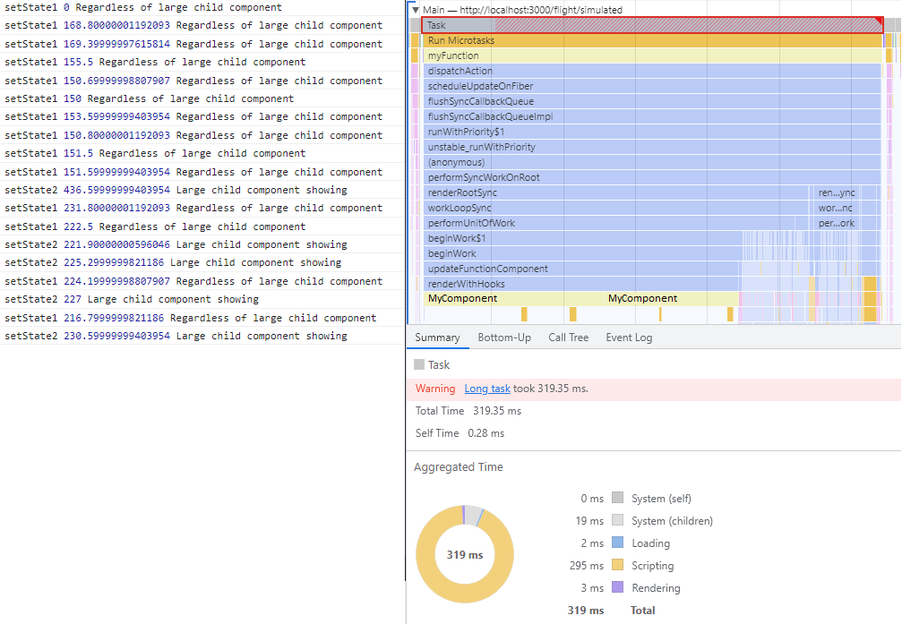 Slow setState console logs and Performance tab