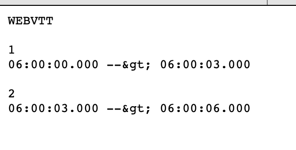 Screenshot showing a WebVTT rendering where the dash between the start and end time uses a entity code