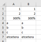 The same as the previous picture, but the data has been duplicated to the range B1 to B7.