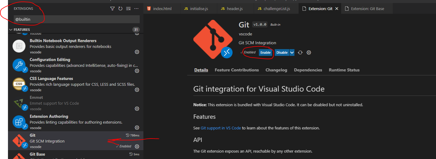 Git extension bundled with vscode