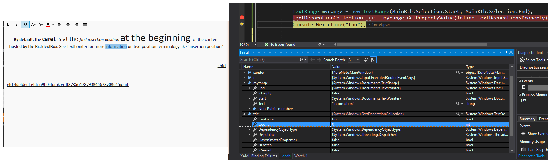 debugging screenshot showing that TextDecorationCollection returns empty even when examining a fully underlined Inline (Run)