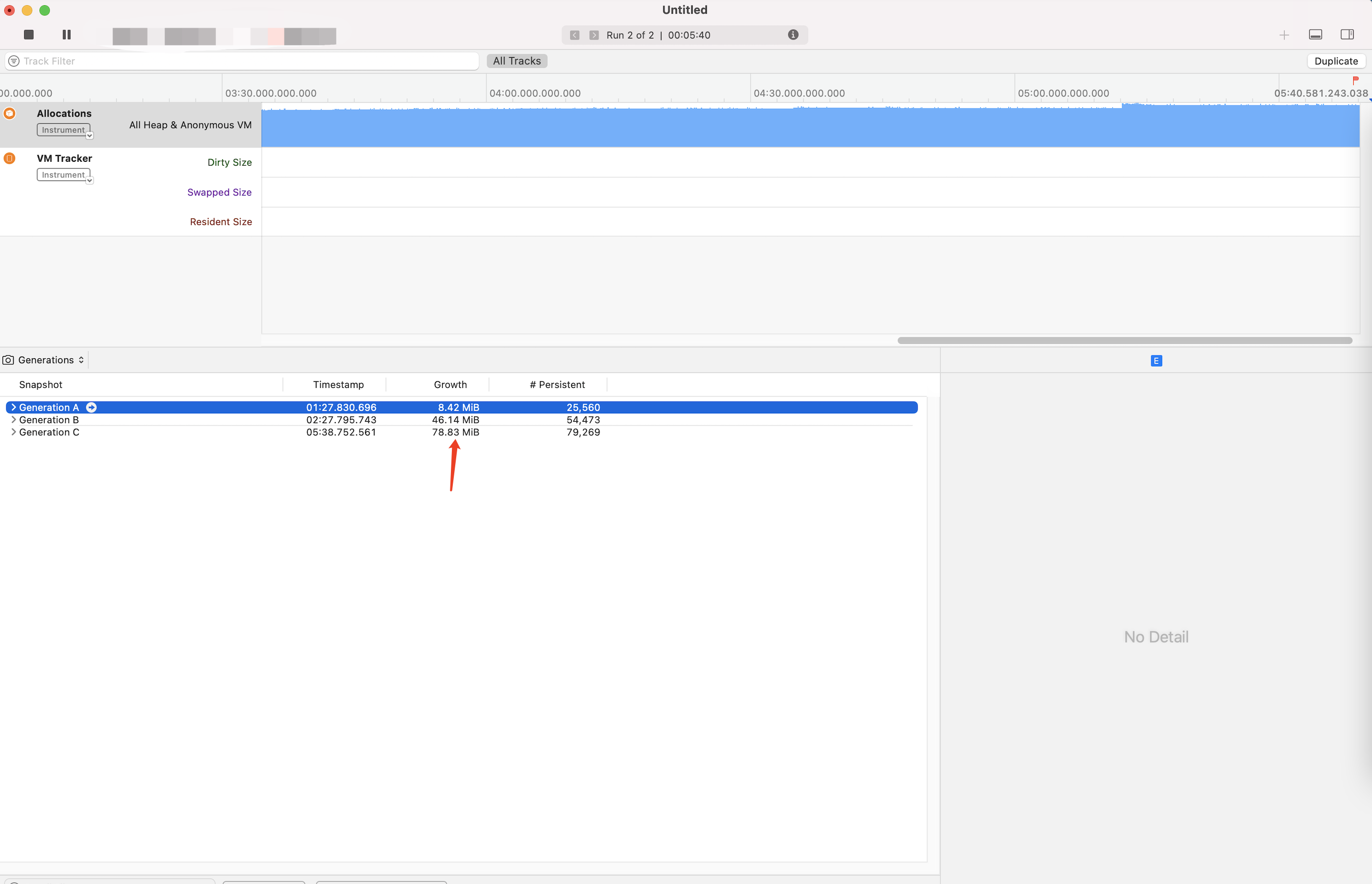 Generation C: Initial memory growth is 78MB