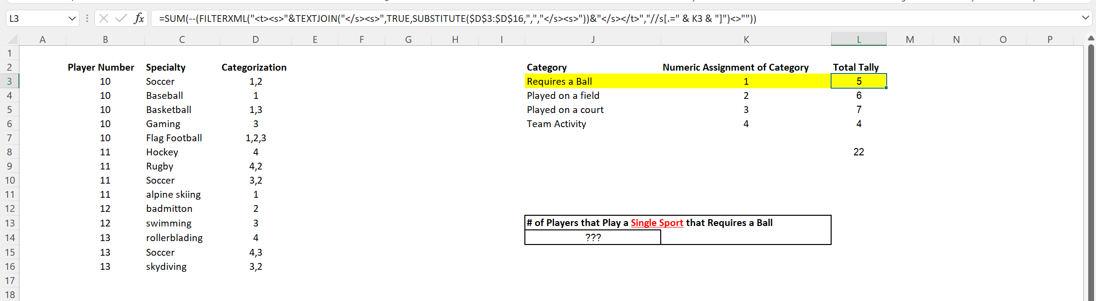 Excel Player Worksheet Screenshot