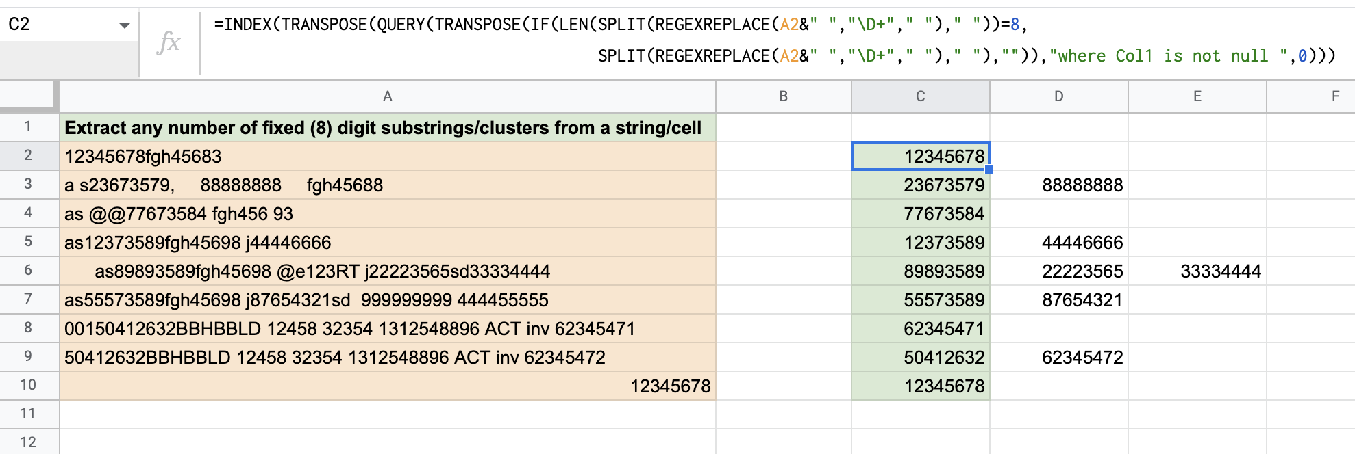 Extract any number of fixed (8) digit substrings/clusters from a string/cell