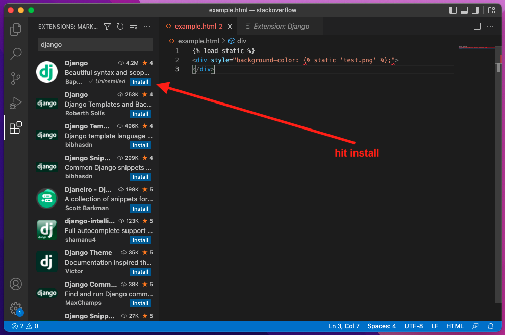 screenshot showing vscode plugins and install button to django plugin