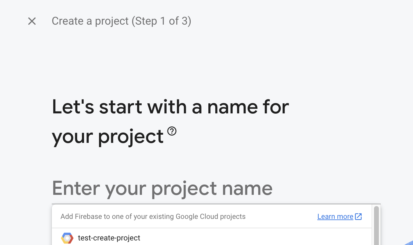 Selecting a GCP project in the Firebase console