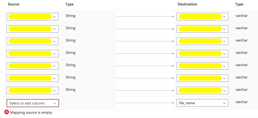 Image of the mapping from Azure Data Factory