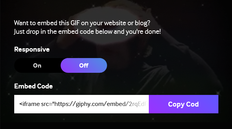 The embed sharing dialogue from Giphy with responsive option and code to copy