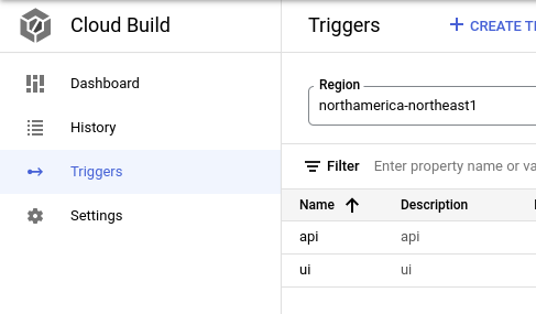 GCP console showing 2 build triggers