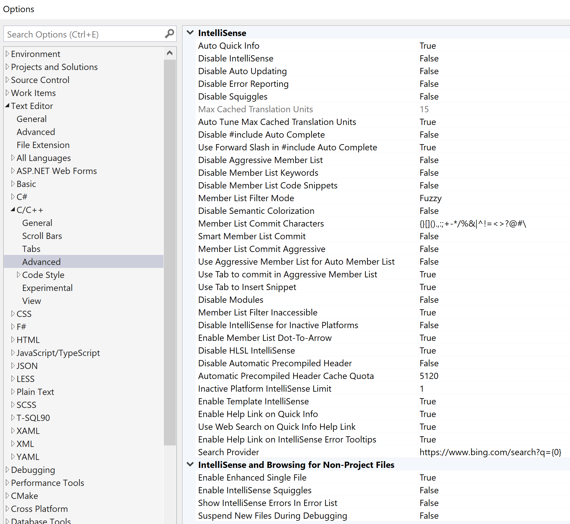 My C   Intellisense settings, they should all be on their default values