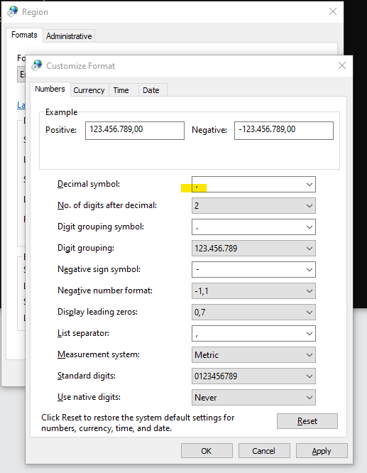 The Windows "Region" / "Customize Format" dialog