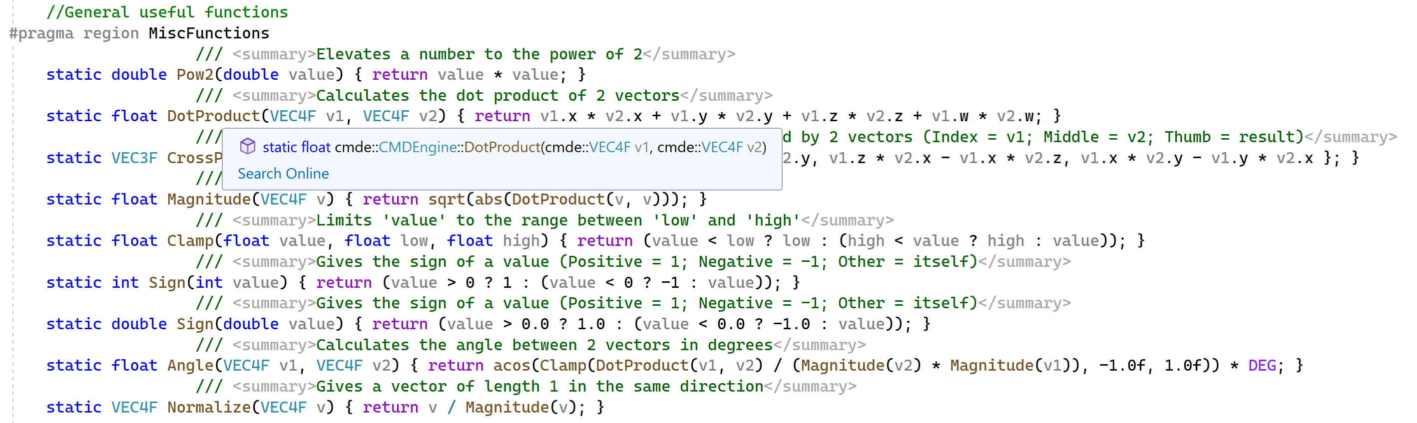 A function with a clearly visible summary above it, which doesn't show the summary