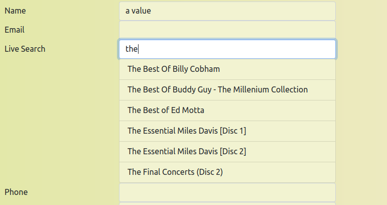 the form with filled search and proposed list